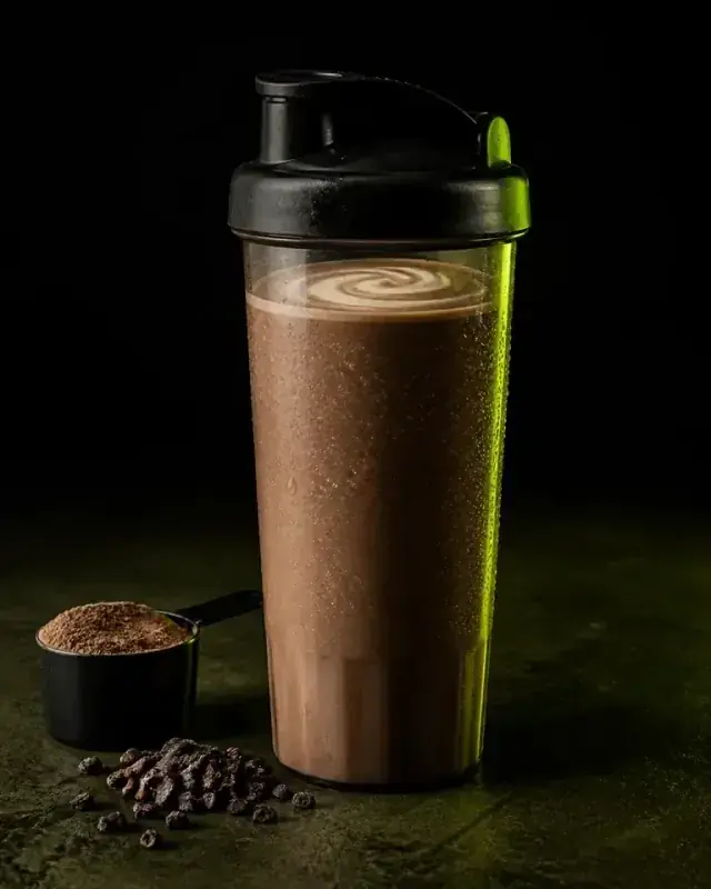 Chilled chocolate protein shake in a black shaker cup with a lime rim light