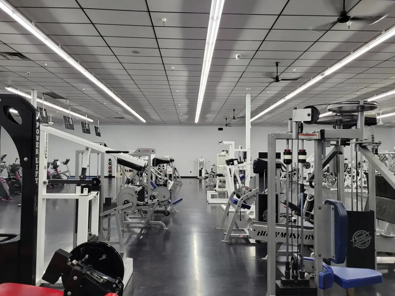 Wide view of the gym floor and strength machines