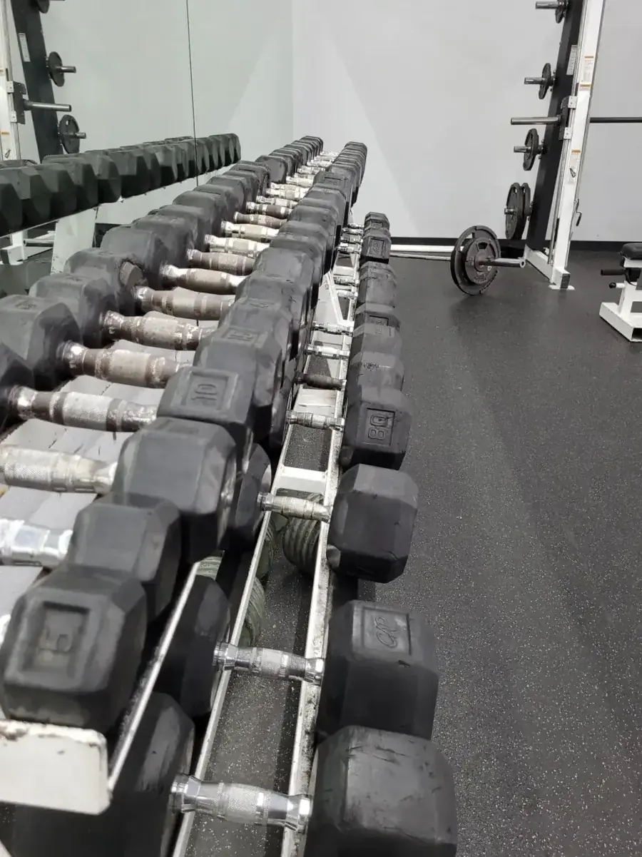 Dumbbells and a squat rack in the free-weight area